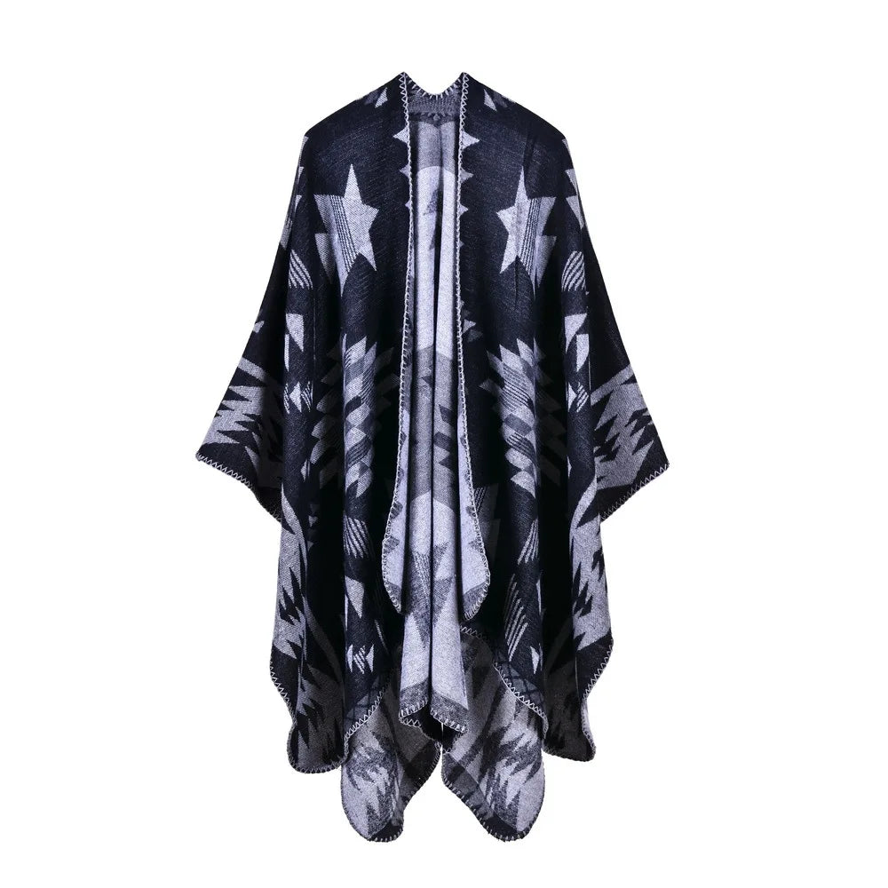 Women Print Poncho Winter Warm Coat Cloak Cape Loose Streetwear Drop Cardigan Top