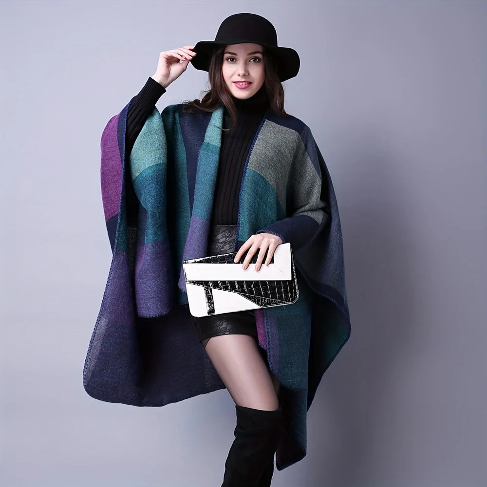 Vintage Color Block Shawl Imitation Cashmere Warm Wrap Poncho Capes