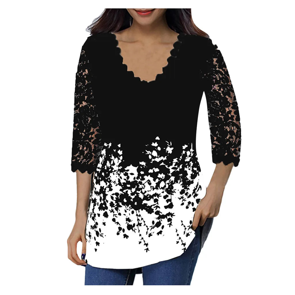 Women's Lace 3/4 Sleeve V Neck T Shirt Ladies Floral Blouse Tunic Tops Plus Size