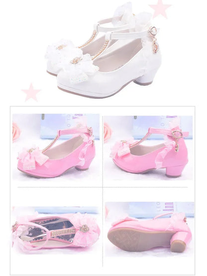 Christmas Gift Children Party Leather Shoes Girls PU Low Heel Lace Flower Kids Shoes For Girls Single Shoes Dance Dress shoe White Pink