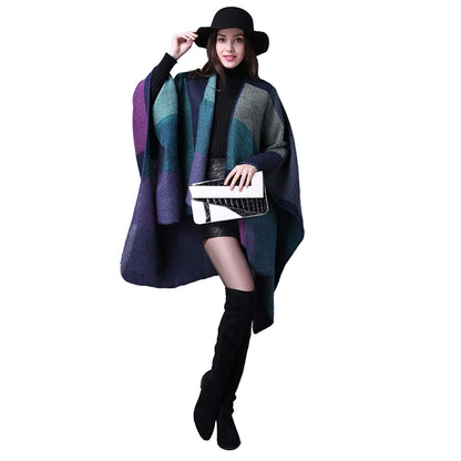 Thicken Winter Shawl Wraps Cape Women Fall Ponchos Plus Size Block Plaid Open Front Sweater Fleece Scarf