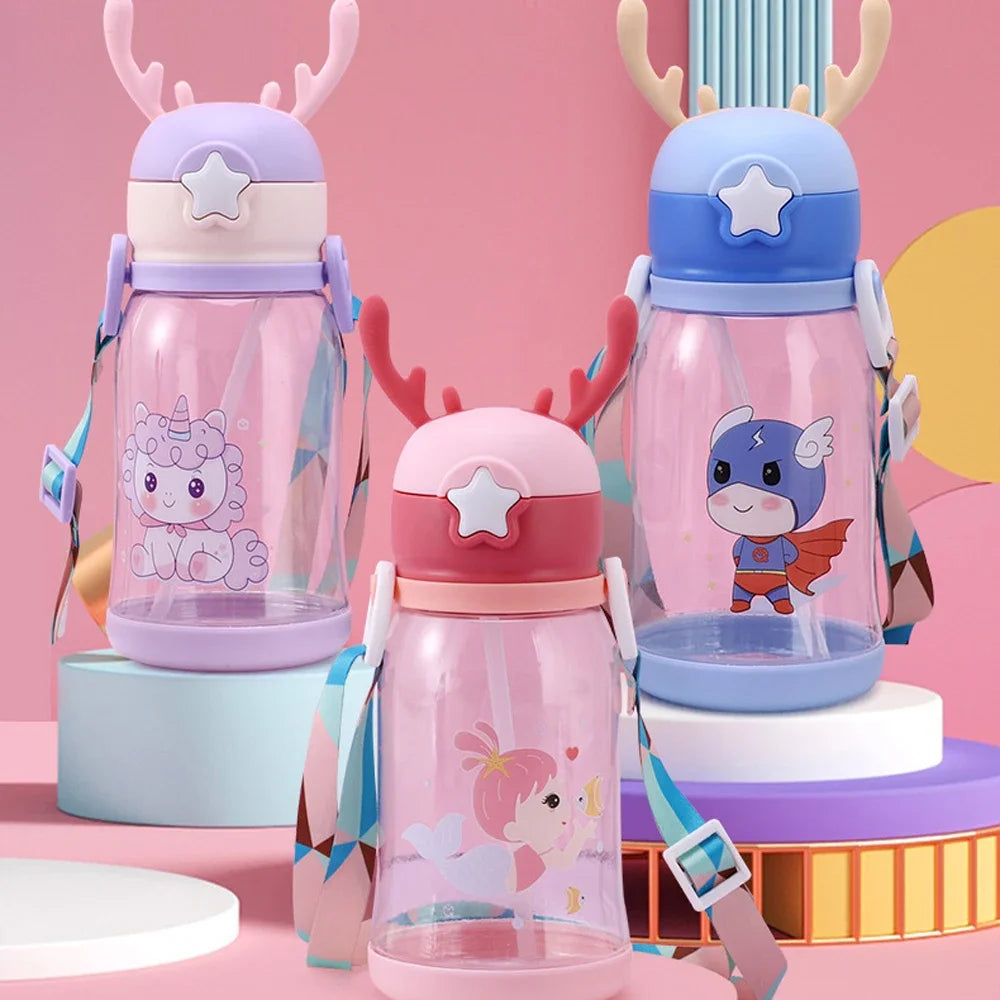 Lovely Antler Children Straw Water Bottle 600ml/Pcs Shoulder Strap School Drinking Water Cup Kids Boy Girl Bottle With BPA Free