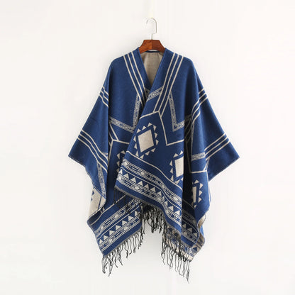 Cloak Poncho Capes New Indian Nepalese Style Geometric Tassel Split Women Shawl Warm Air Conditioning Room Lady Blue