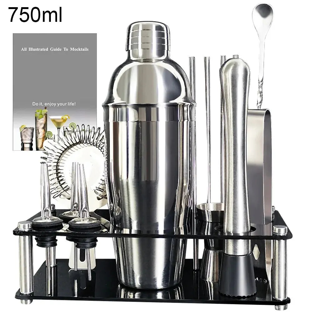 13-22Pcs 750ml 600ml Boston Cocktail Shaker Bar Tool Set Bartender Kit w/ Holder