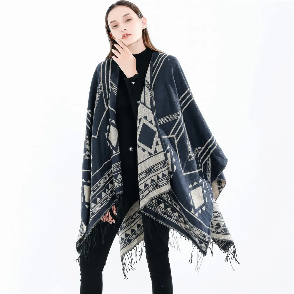 Cloak Poncho Capes New Indian Nepalese Style Geometric Tassel Split Women Shawl Warm Air Conditioning Room Lady Blue