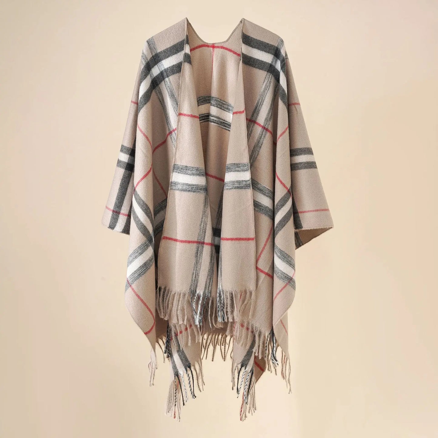 Women Cashmere Feeling Shawl,Lady Classic Plaid Cape Spring Autumn Retro Cardigan Winter Cloak with Tassels Soft Large Blanket