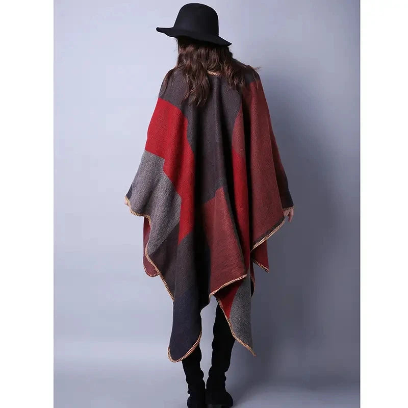 Vintage Color Block Shawl Imitation Cashmere Warm Wrap Poncho Capes