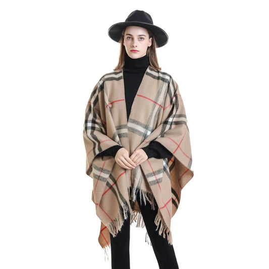 Women Cashmere Feeling Shawl,Lady Classic Plaid Cape Spring Autumn Retro Cardigan Winter Cloak with Tassels Soft Large Blanket