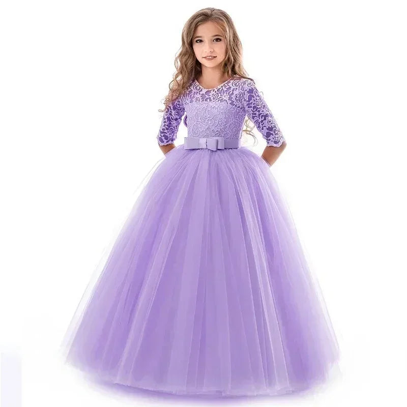 Flower Girl Lace Full- Length Dress for Kids Wedding Bridesmaid Pageant Party Prom Formal Ball Gown Princess Puffy Tulle Dresses