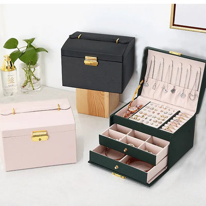 Three Layers Drawer Type Jewelry Earring Leather Box With Lock Box