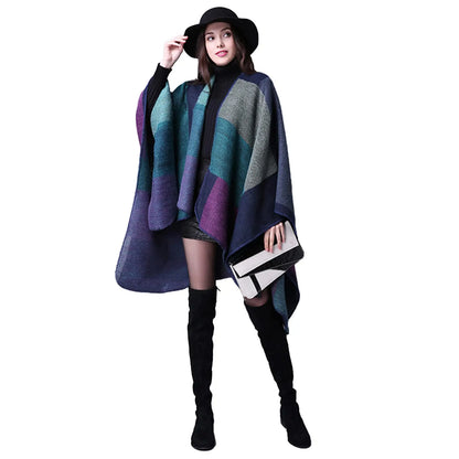 Thicken Winter Shawl Wraps Cape Women Fall Ponchos Plus Size Block Plaid Open Front Sweater Fleece Scarf