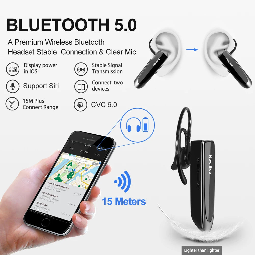 New Bee Bluetooth Headset V5.0 Wireless Earphones Headphones