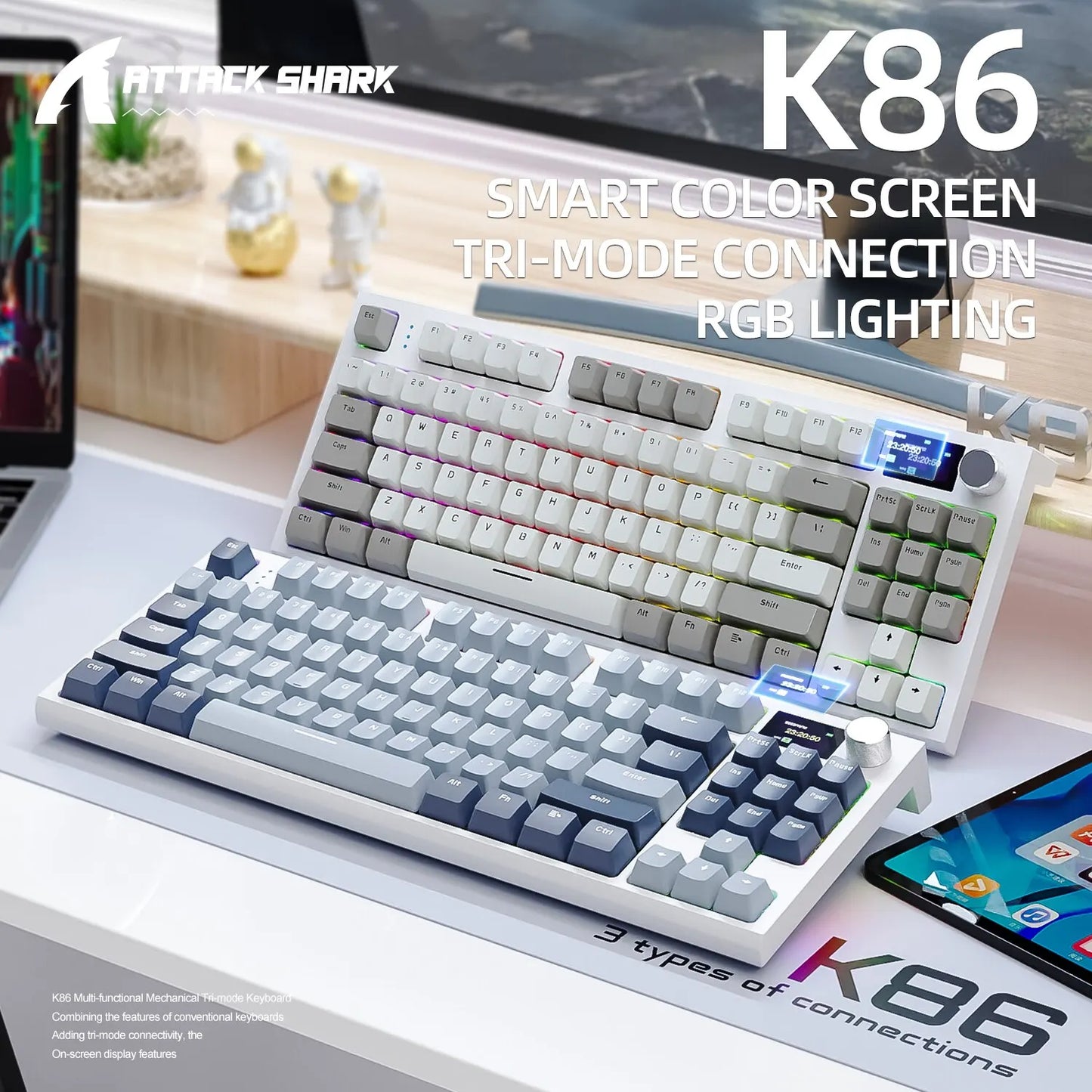 K86 Wireless Hot-Swappable Mechanical Keyboard Bluetooth/2.4g With Display Screen and Volume Rotary Button for Games and Work