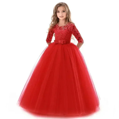 Flower Girl Lace Full- Length Dress for Kids Wedding Bridesmaid Pageant Party Prom Formal Ball Gown Princess Puffy Tulle Dresses