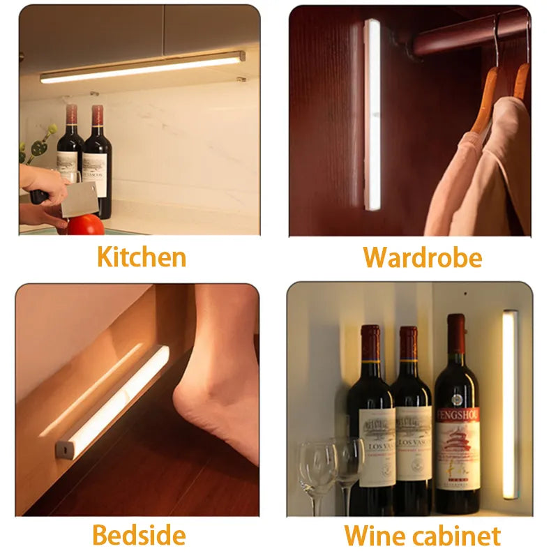 LED Motion Sensor Under Cabinet Closet Light USB Rechargeable Kitchen Lamp Strip