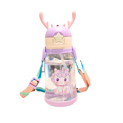 Lovely Antler Children Straw Water Bottle 600ml/Pcs Shoulder Strap School Drinking Water Cup Kids Boy Girl Bottle With BPA Free