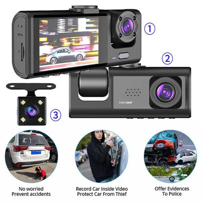 Dash Cam W/ IR Night Vision Loop Recording & 2" IPS Screen 1080P 3 Camera-New