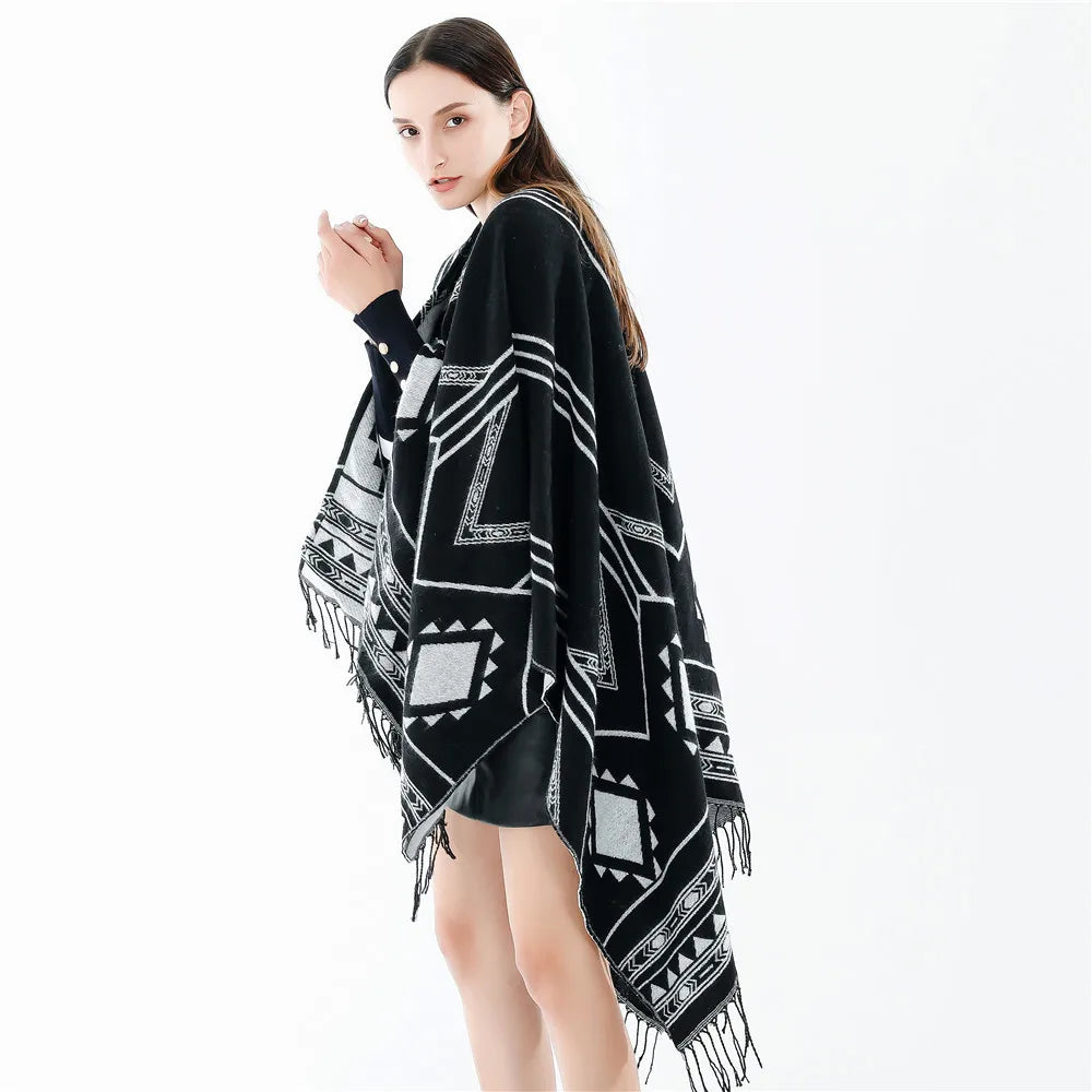 Cloak Poncho Capes New Indian Nepalese Style Geometric Tassel Split Women Shawl Warm Air Conditioning Room Lady Blue